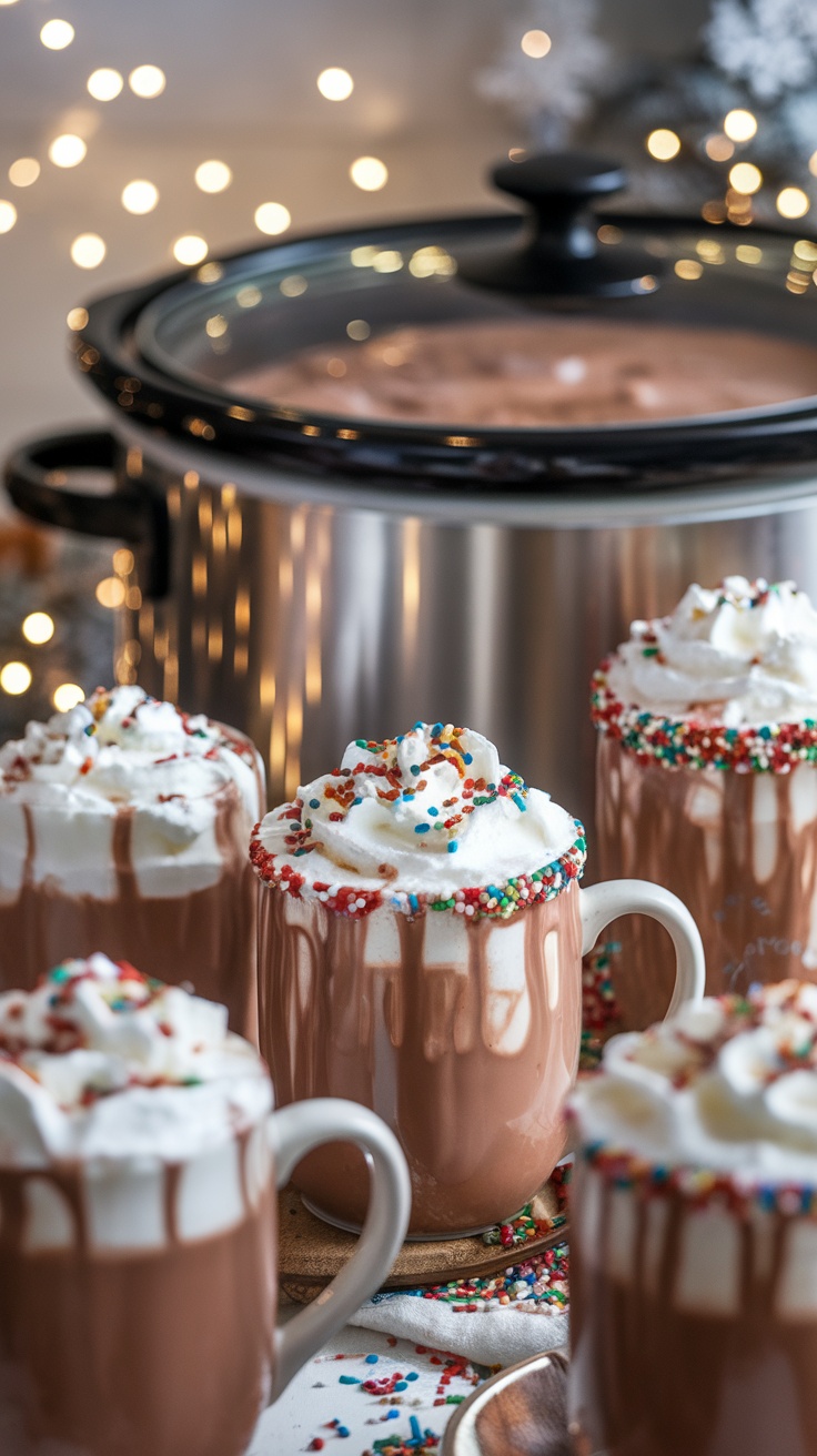 A slow cooker filled with creamy hot chocolate, surrounded by mugs of cocoa topped with whipped cream.